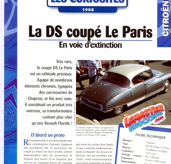 FICHE AUTO CITROEN DS COUPE LE PARIS 1958