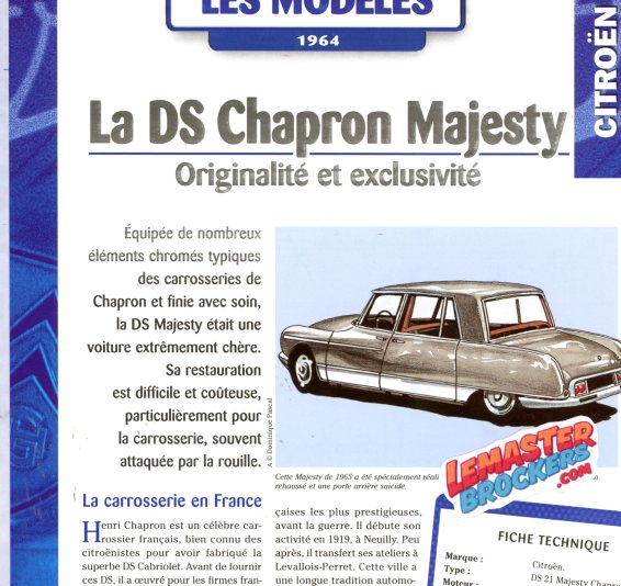 FICHE AUTO CITROEN DS CHAPRON MAJESTY 1964