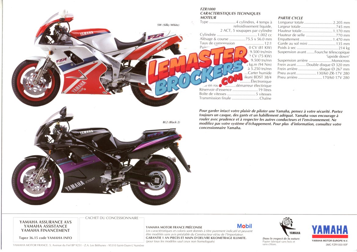 BROCHURE MOTO YAMAHA FZR1000 1993