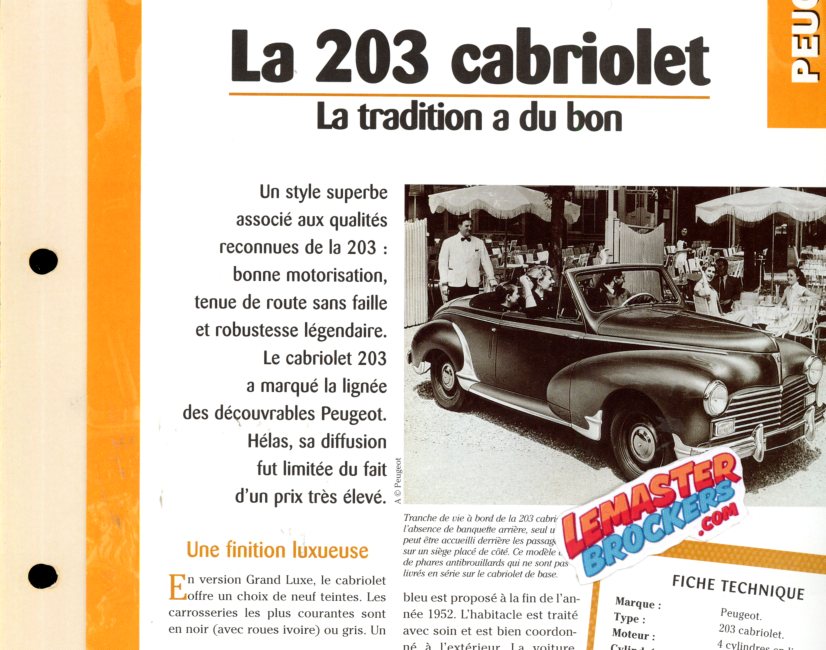 FICHE TECHNIQUE PEUGEOT 203 CABRIOELT - 1952
