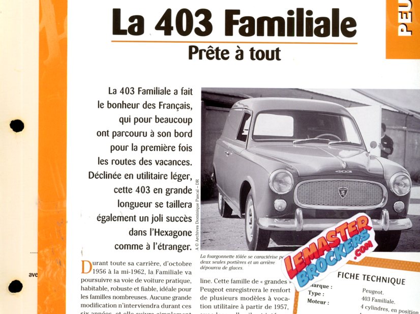 FICHE TECHNIQUE PEUGEOT 403 FAMILIALE - 1957
