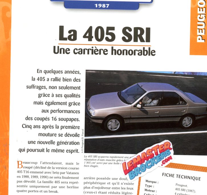 FICHE PEUGEOT 405 SRI - 1987