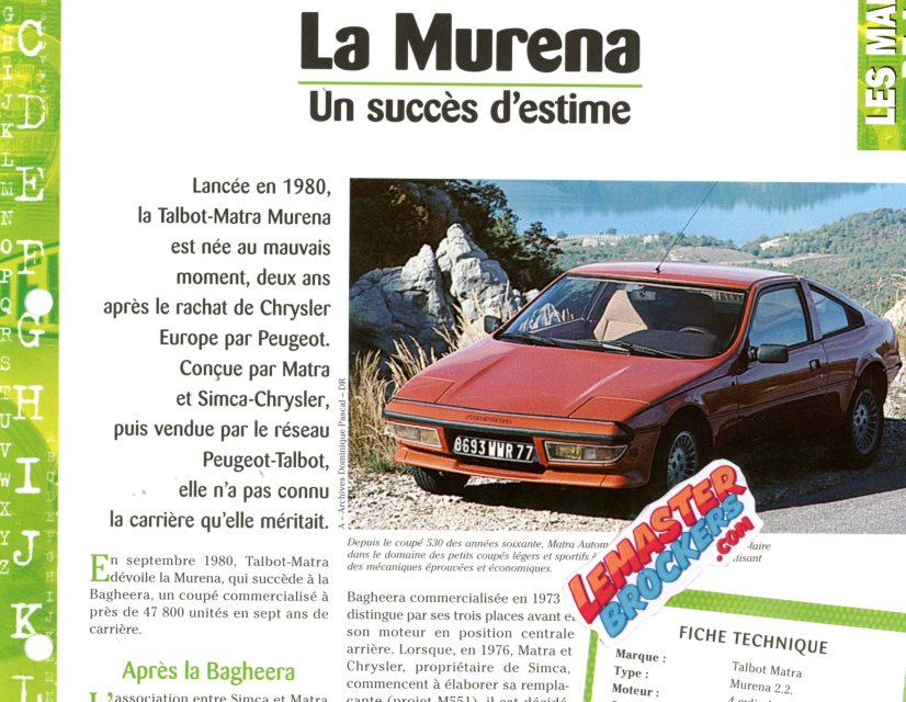 FICHE TALBOT MATRA MURENA 1980 - FICHE AUTO TECHNIQUE MURENA 2.2