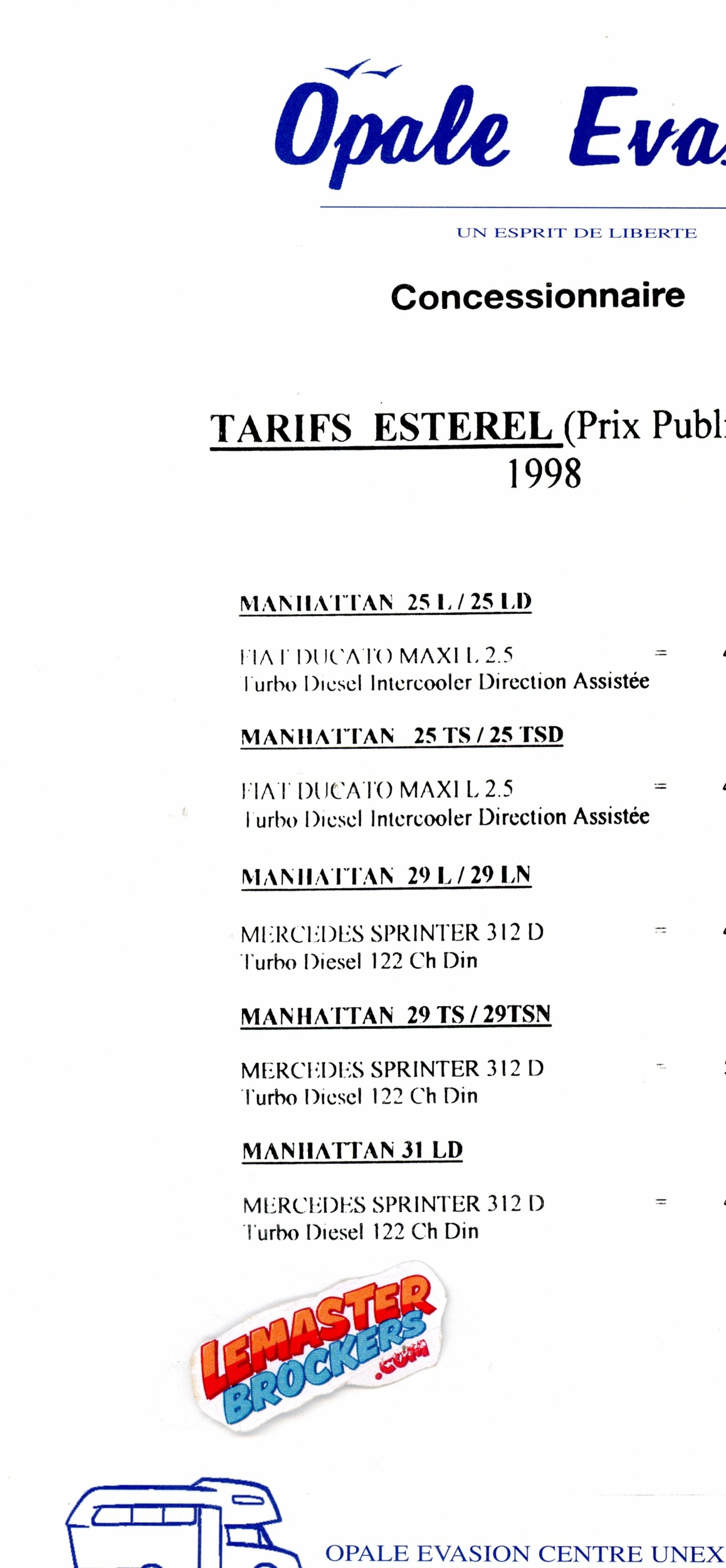 CAMPING CAR TARIF ESTEREL MANHATTAN 1998