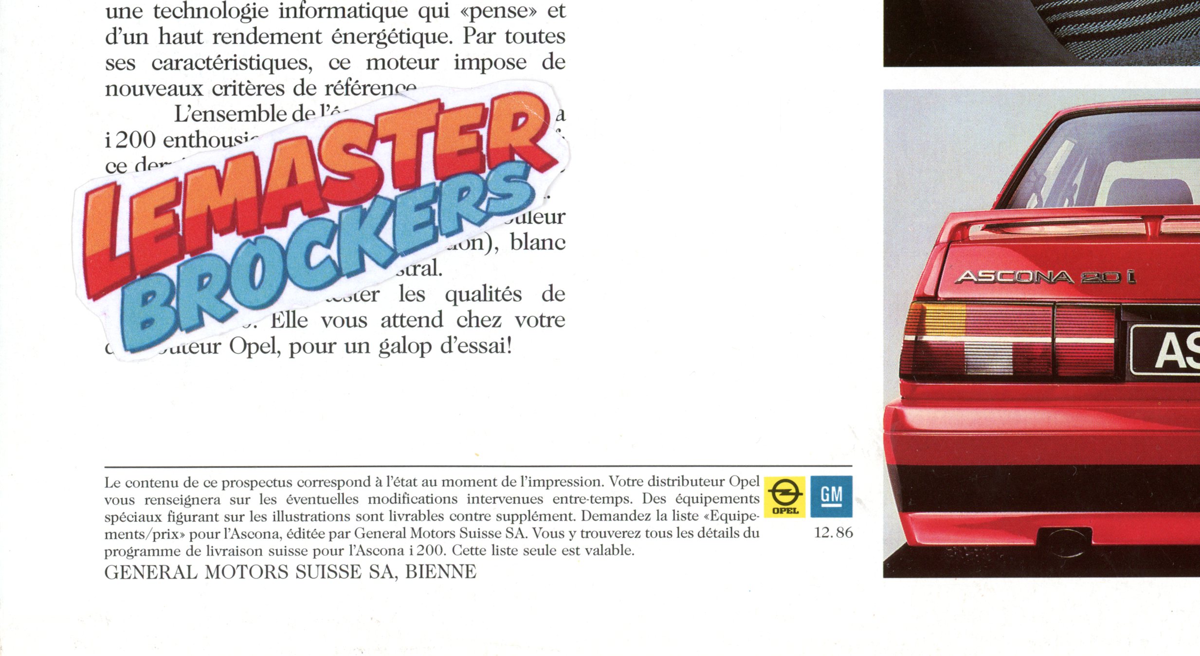 BROCHURE OPEL ASCONA i200 - 1986