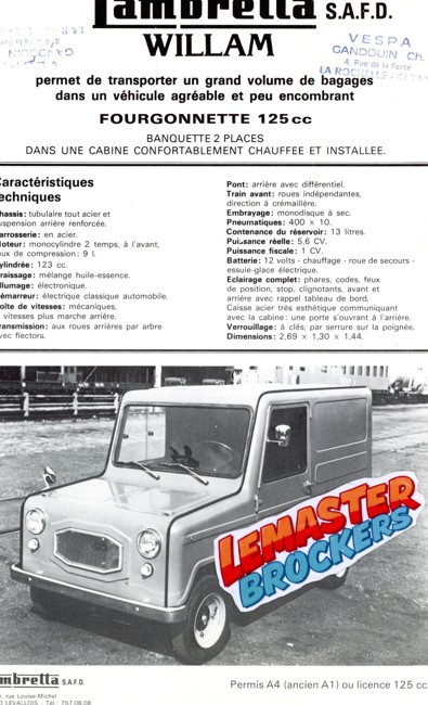 FEUILLET PUBLICITAIRE LAMBRETTA WILLAM FOURGONNETTE 125CC