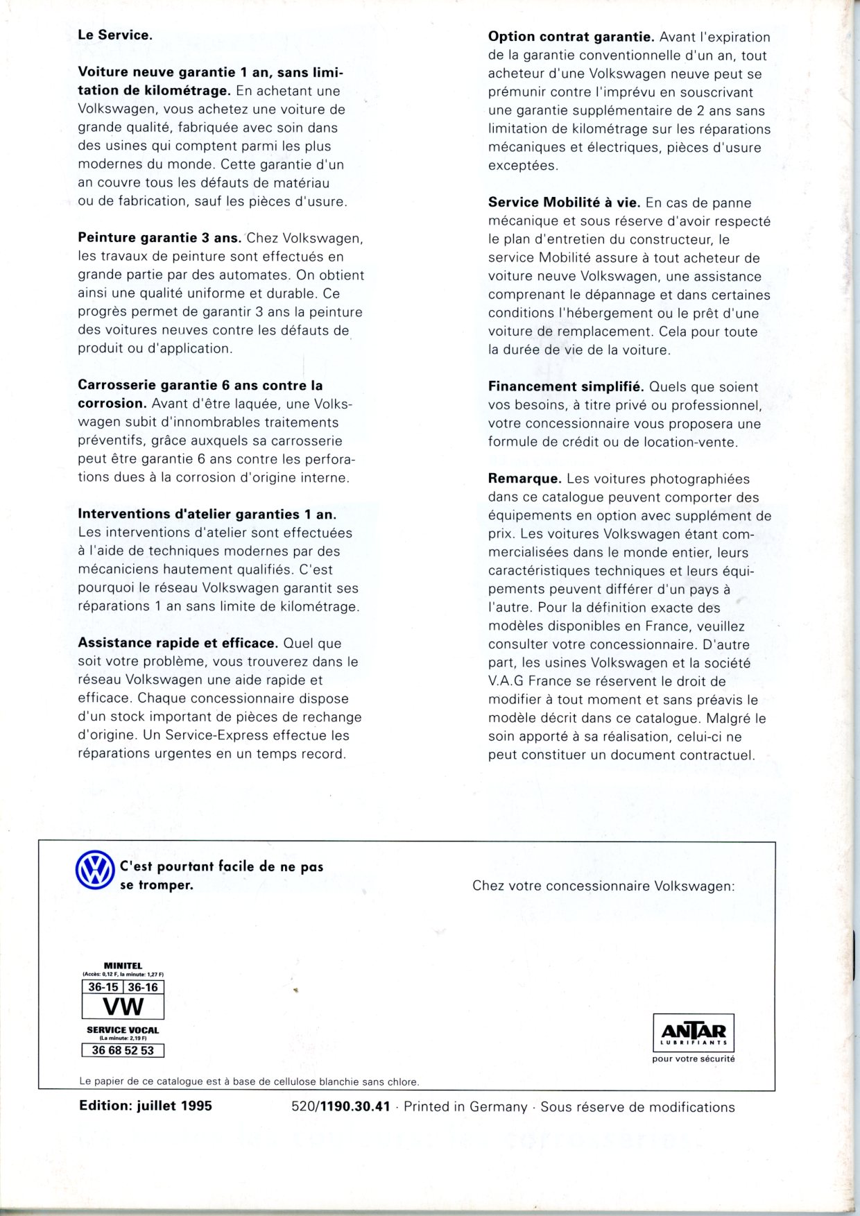 CATALOGUE VW GOLF - JUILLET 1995