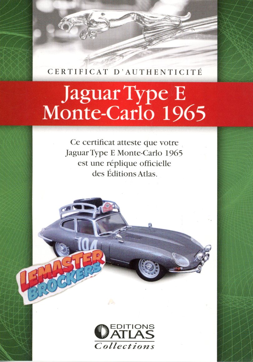 CERTIFICAT DAUTHENTICITÉ JAGUAR TYPE E MONTE-CARLO 1965