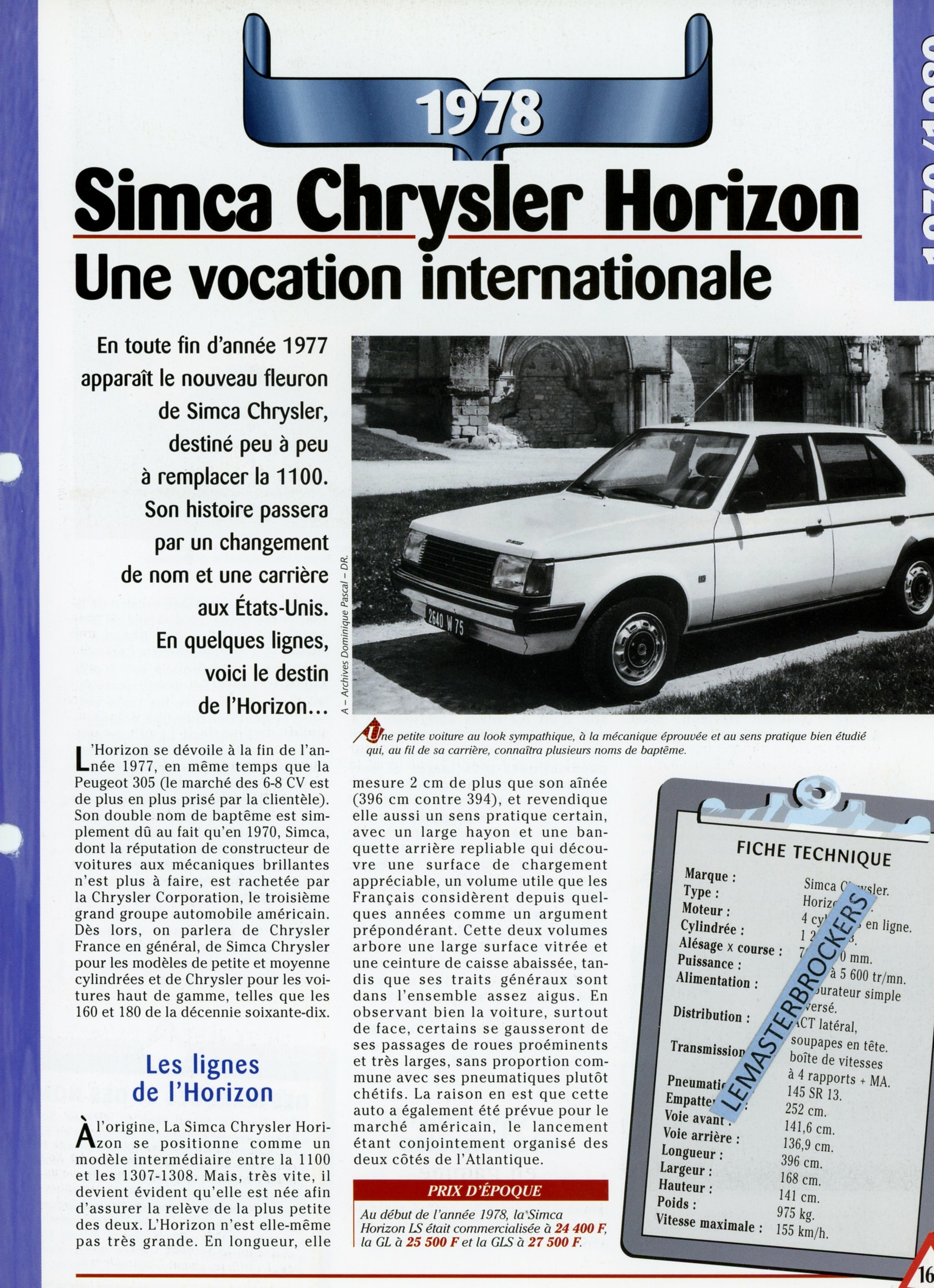 FICHE TECHNIQUE SIMCA CHRYSLER HORIZON 1978 - FICHE AUTO - HACHETTE