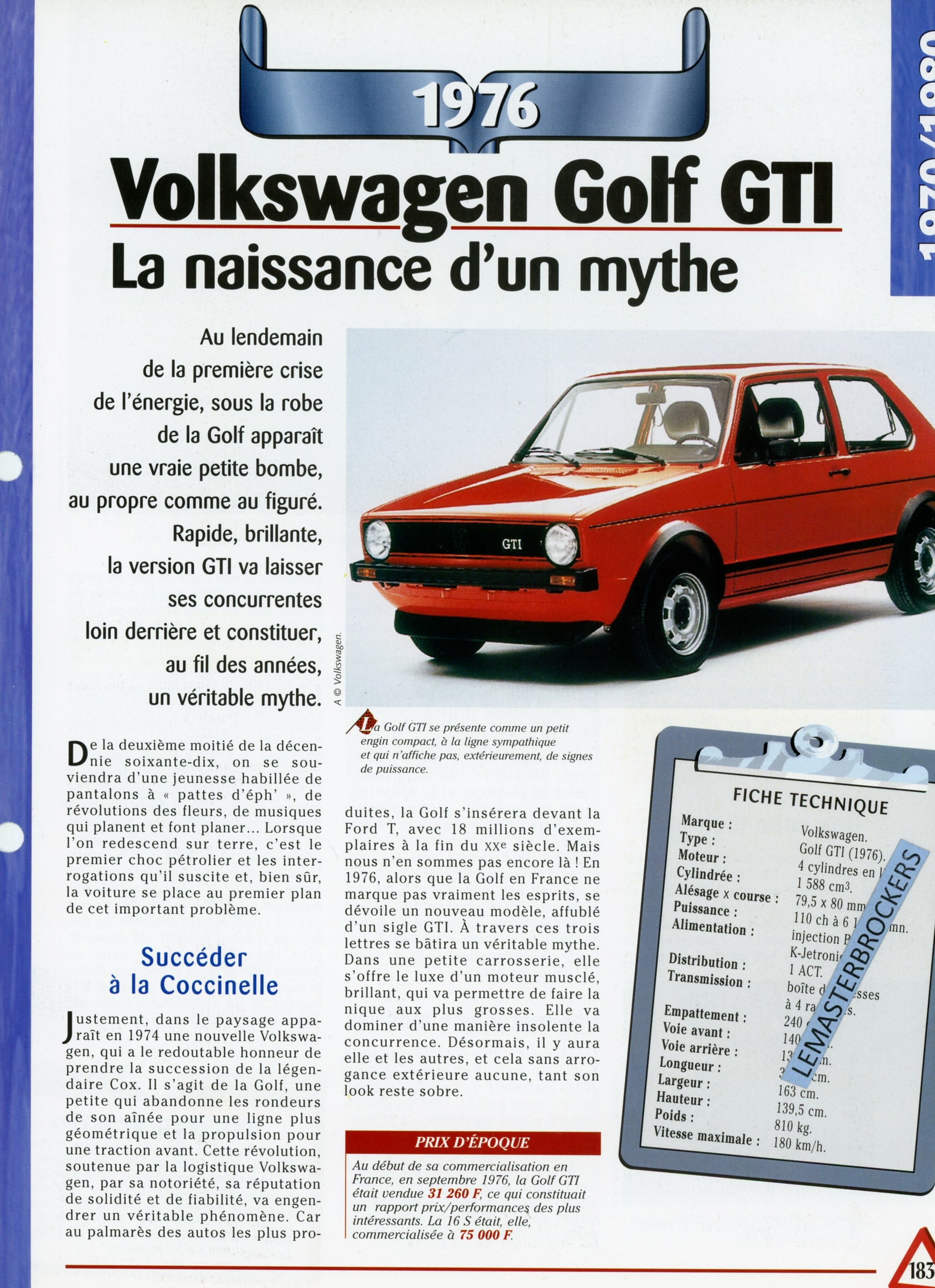 FICHE TECHNIQUE VW VOLKSWAGEN GOLF GTI 1976 - FICHE AUTO - HACHETTE