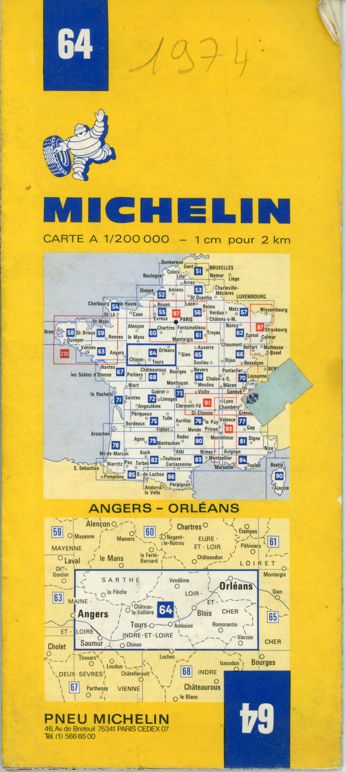 CARTE ROUTIÈRE MICHELIN N°64 ANGERS ORLÉANS 1974 - COLLECTION CARTE MICHELIN