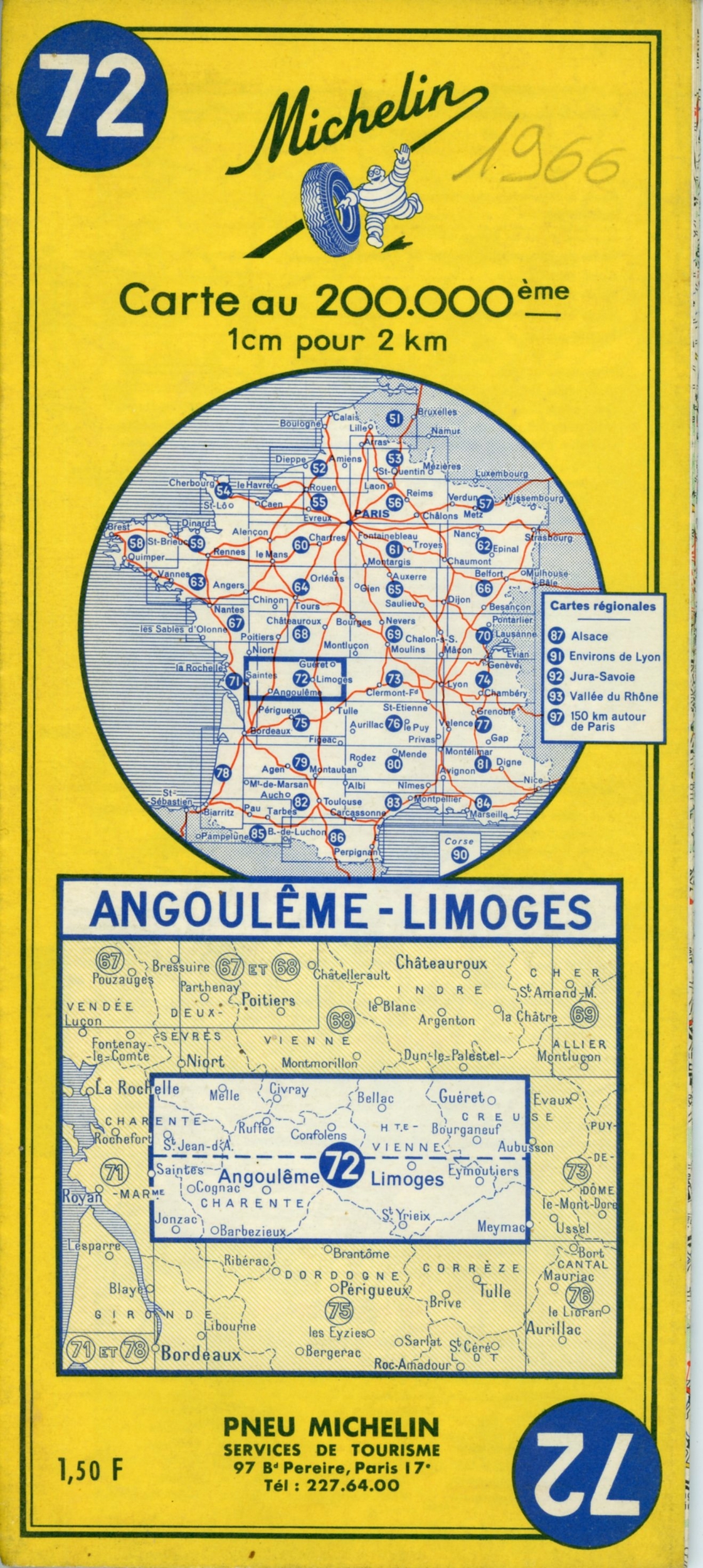 CARTE ROUTIÈRE MICHELIN N°72 ANGOULÊME LIMOGES 1966 - COLLECTION CARTE MICHELIN