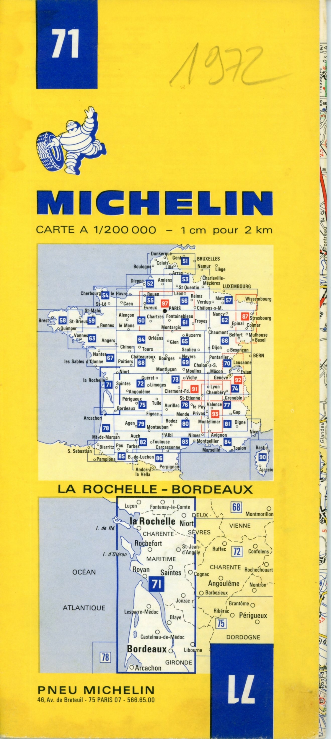 CARTE ROUTIÈRE MICHELIN N°71 LA ROCHELLE BORDEAUX 1972 - COLLECTION CARTE MICHELIN