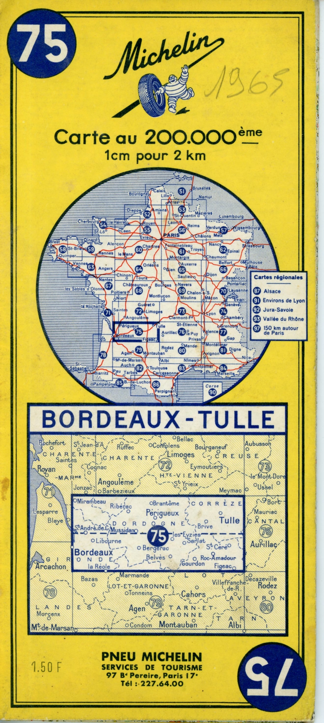 CARTE ROUTIÈRE MICHELIN N°75 BORDEAUX TULLE 1965 - COLLECTION CARTE MICHELIN