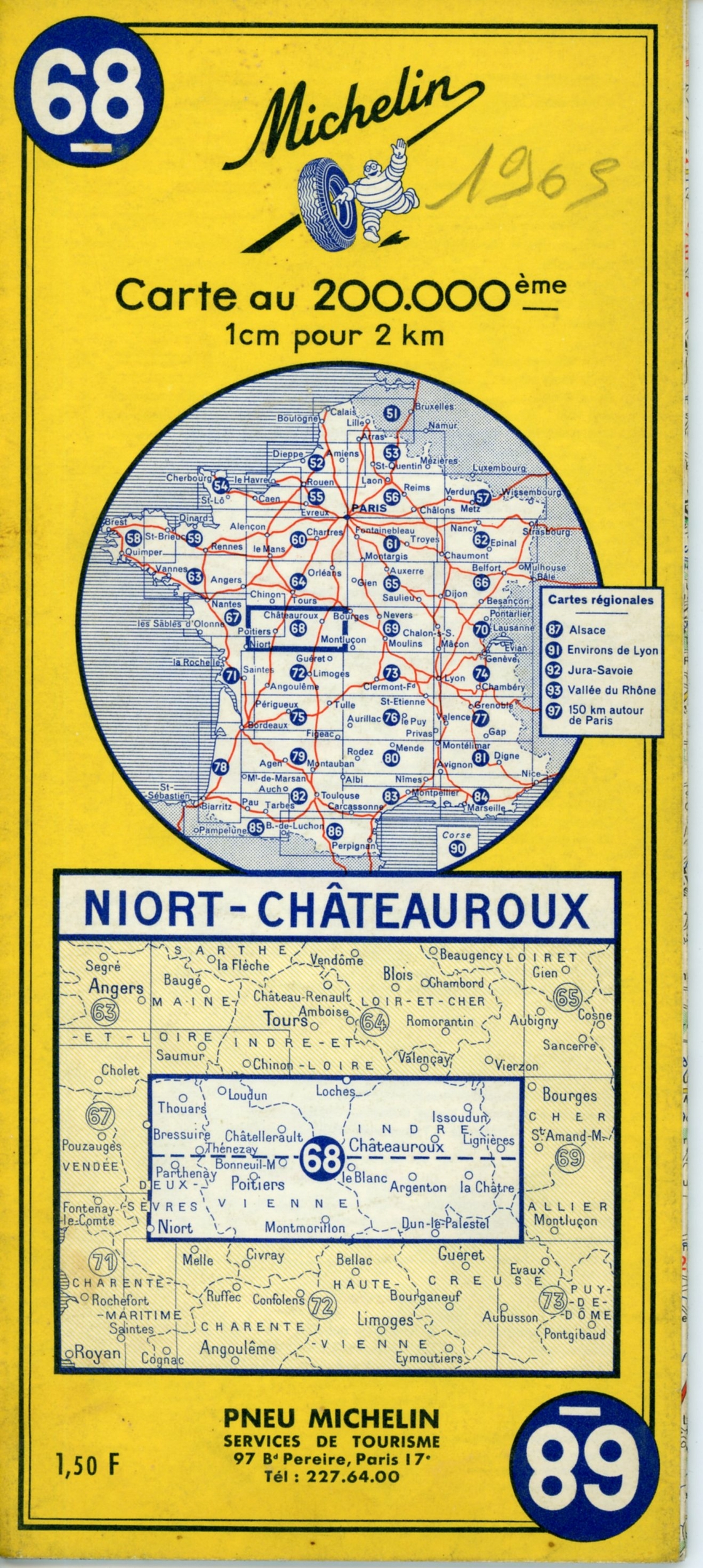 CARTE ROUTIÈRE MICHELIN N°68 NIORT CHÂTEAUROUX 1965 - COLLECTION CARTE MICHELIN