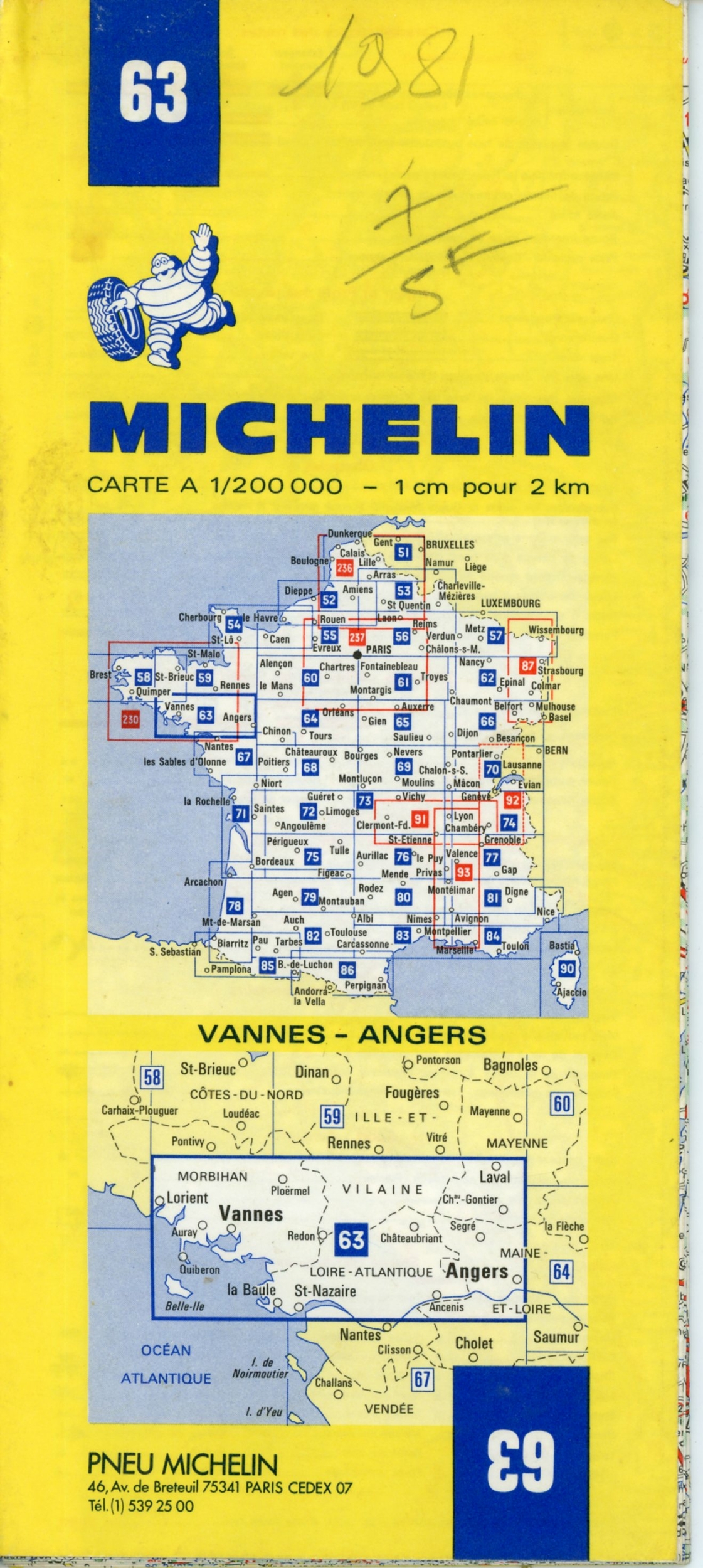 CARTE ROUTIÈRE MICHELIN N°63 VANNES ANGERS 1981 - COLLECTION CARTE MICHELIN