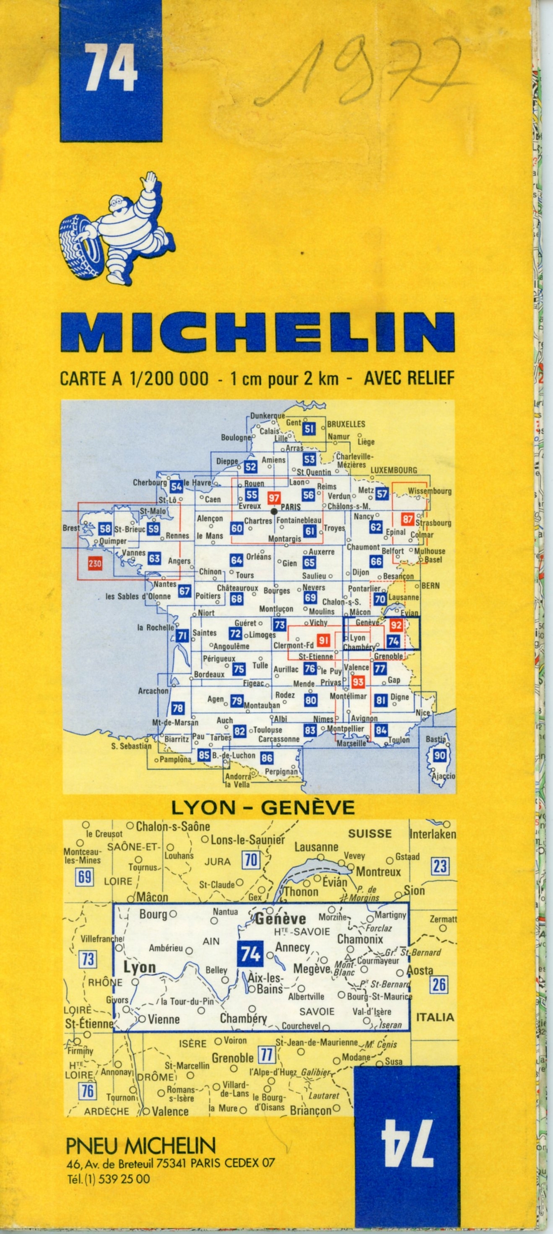 CARTE ROUTIÈRE MICHELIN N°74 LYON GENÈVE 1977 - COLLECTION CARTE MICHELIN