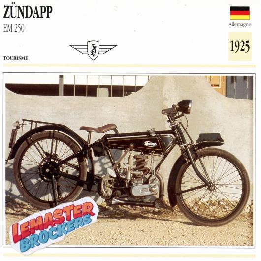 FICHE MOTO ZUNDAPP EM 250 1925 - DOCUMENT DE COLLECTION - VINTAGE