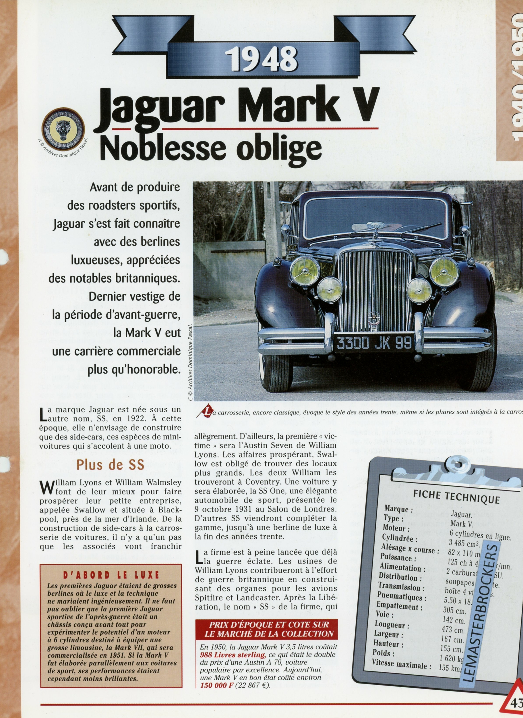 JAGUAR MARK Y 1948 FICHE TECHNIQUE - FICHE AUTO - HACHETTE LITTÉRATURE AUTOMOBILE