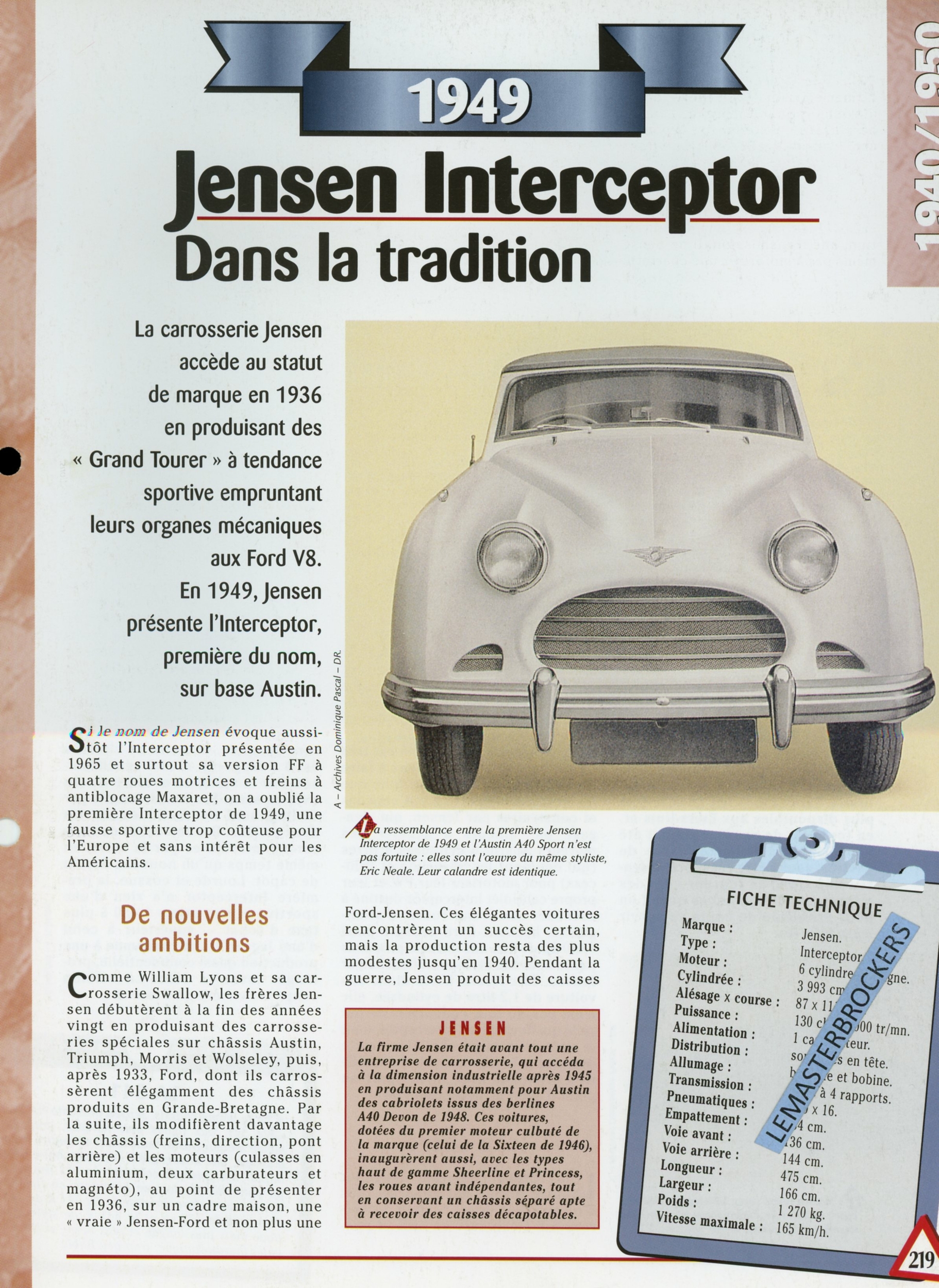 JENSEN INTERCEPTOR 1949 FICHE TECHNIQUE - FICHE AUTO - HACHETTE LITTÉRATURE AUTOMOBILE