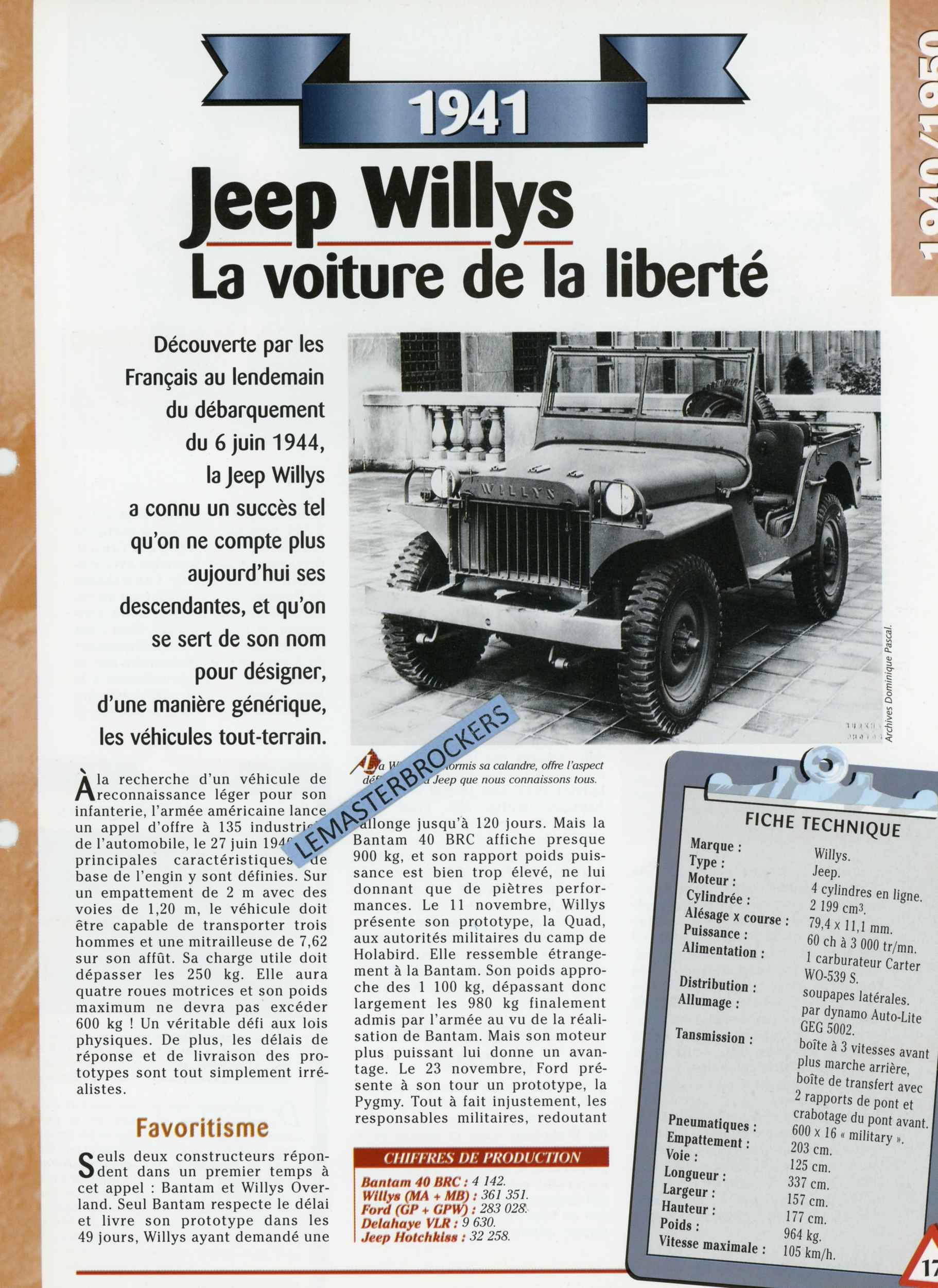 JEEP WILLYS 1941 - FICHE TECHNIQUE - FICHE AUTO 4x4 - HACHETTE LITTÉRATURE AUTOMOBILE
