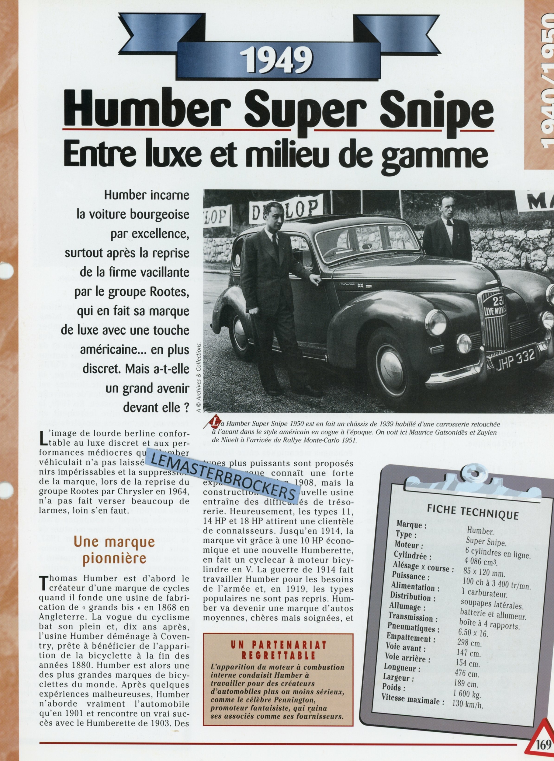 HUMBER SUPER SNIPE 1949 - FICHE TECHNIQUE - FICHE AUTO - HACHETTE LITTÉRATURE AUTOMOBILE