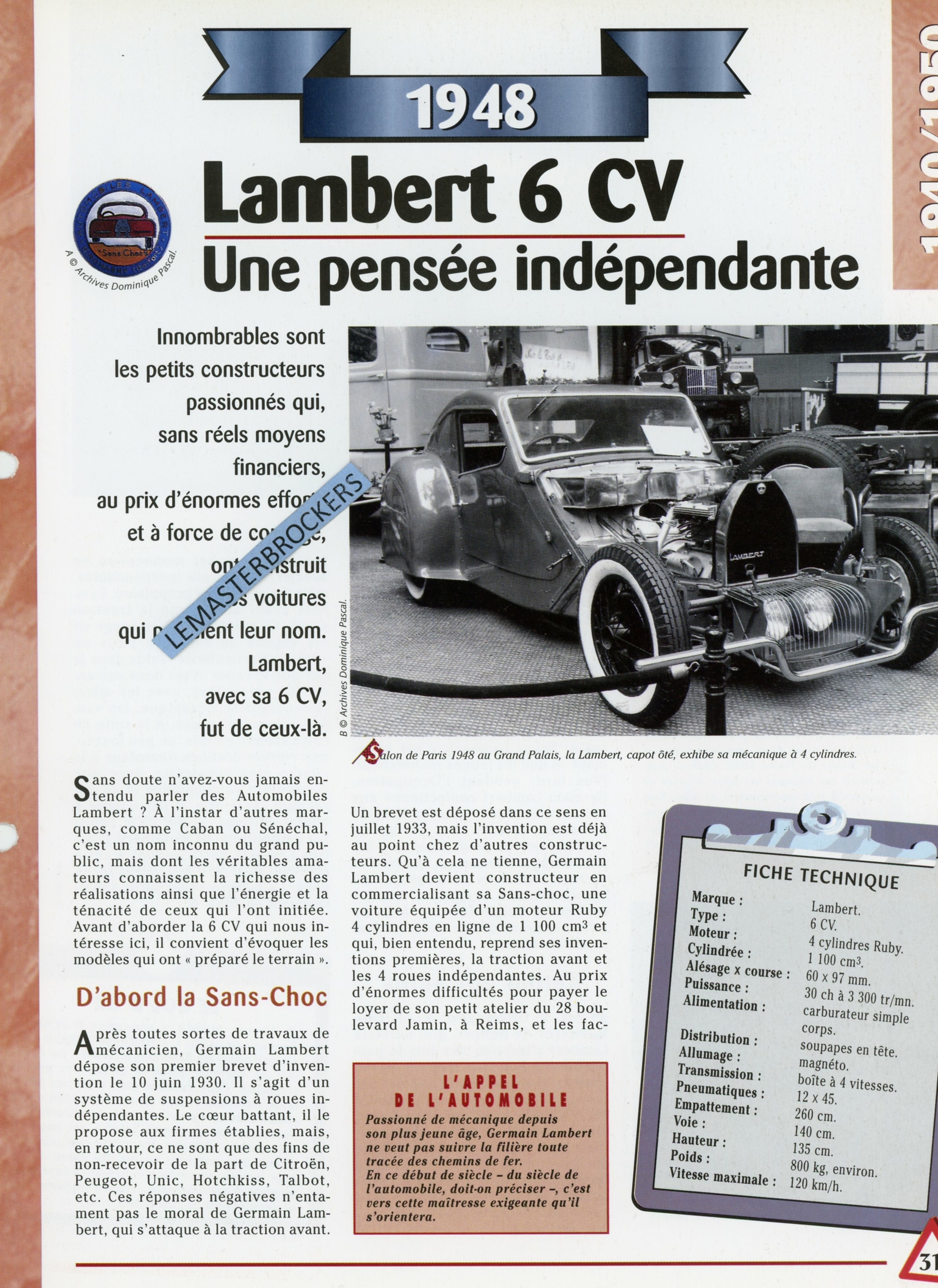 LAMBERT 6CV 1948 - FICHE TECHNIQUE - FICHE VOITURE ANCIENNE - HACHETTE LITTÉRATURE AUTOMOBILE