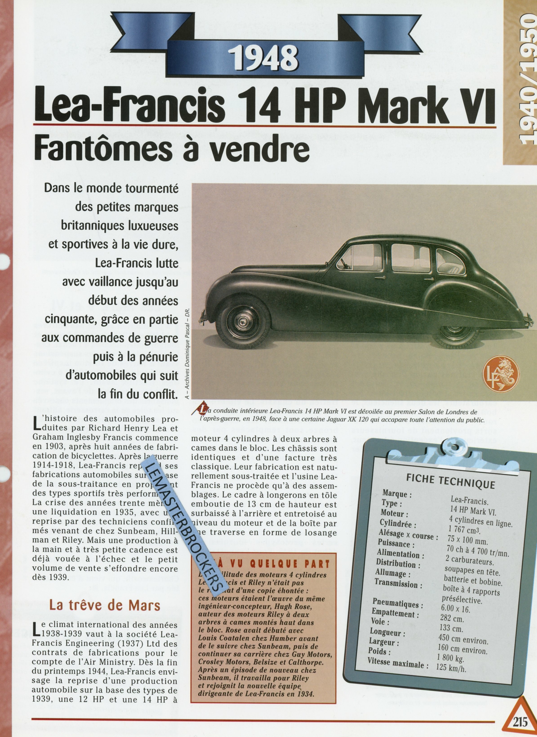 LEA-FRANCIS 14 HP MARK VI 1948 - FICHE TECHNIQUE - FICHE AUTO - HACHETTE LITTÉRATURE AUTOMOBILE