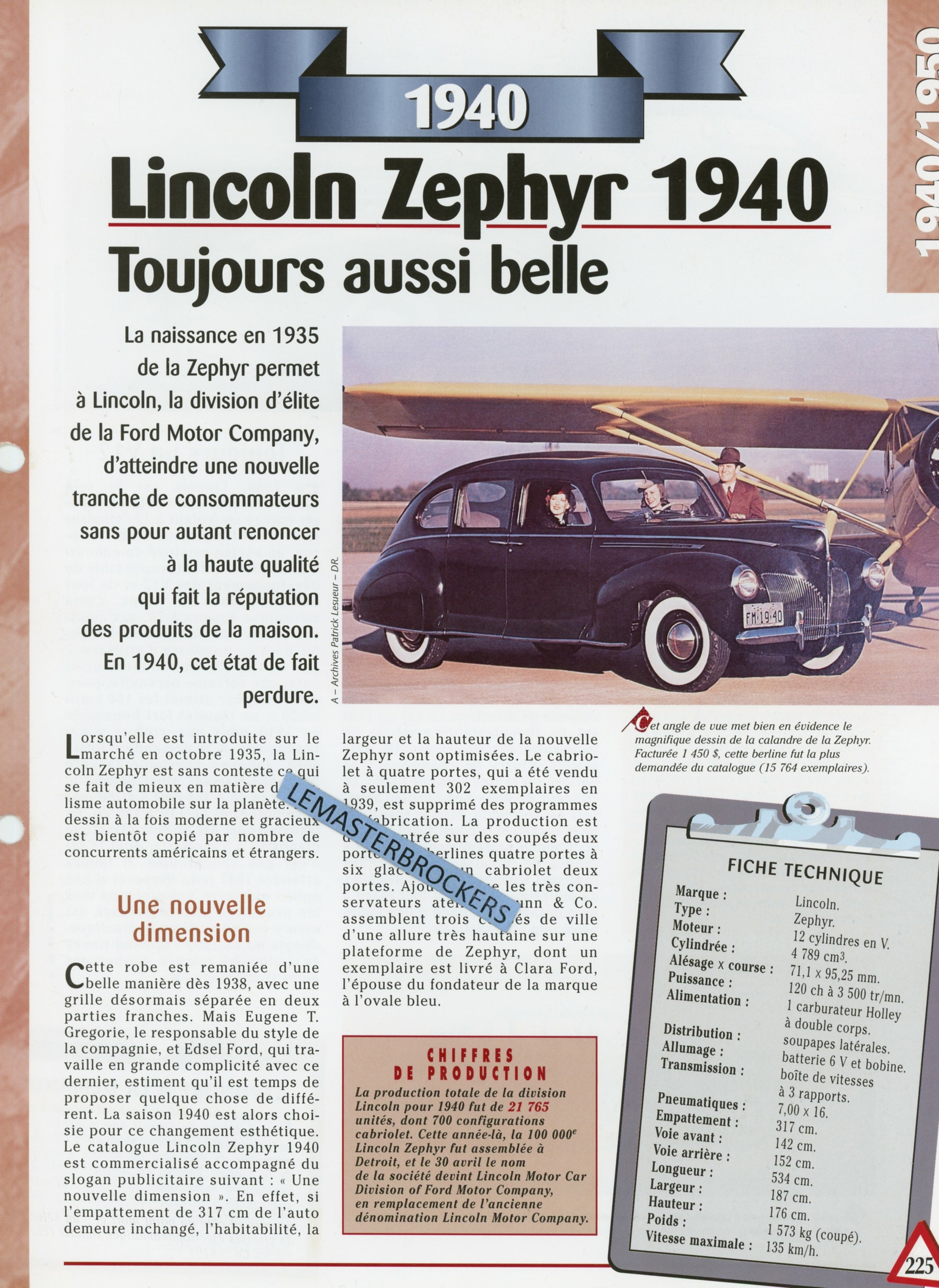 LINCOLN ZEPHYR 1940 - FICHE TECHNIQUE - FICHE AUTO - HACHETTE LITTÉRATURE AUTOMOBILE