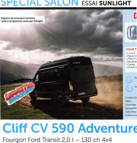ESSAI SUNLIGHT CLIFF CV 590 ADVENTURE FORD TRANSIT 130CH 4X4