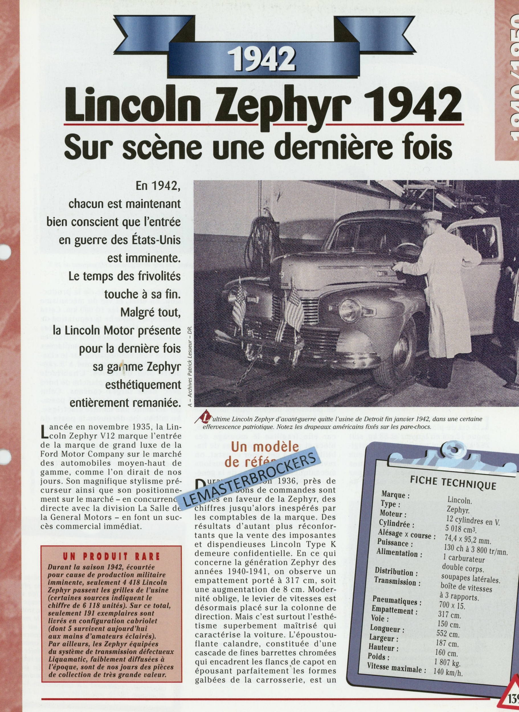 LINCOLN ZEPHYR 1942 - FICHE TECHNIQUE - FICHE AUTO - HACHETTE LITTÉRATURE AUTOMOBILE