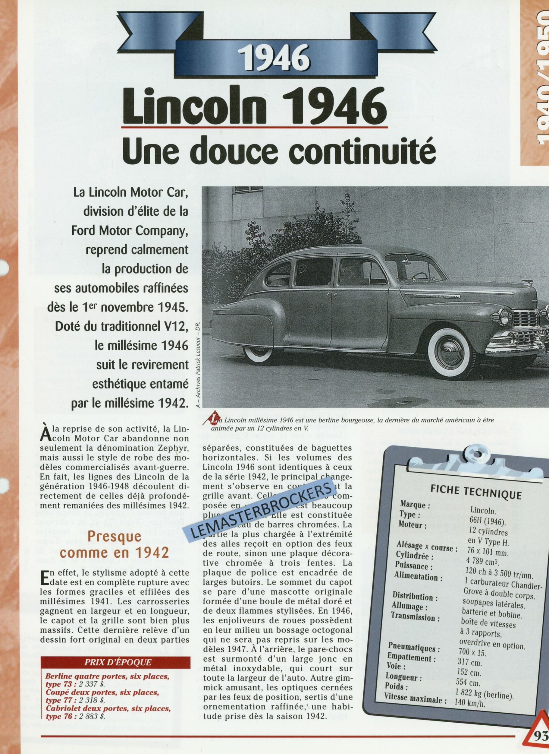 LINCOLN-66H-1946-FICHE-TECHNIQUE-FICHE-AUTO-HACHETTE-LEMASTERBROCKERS