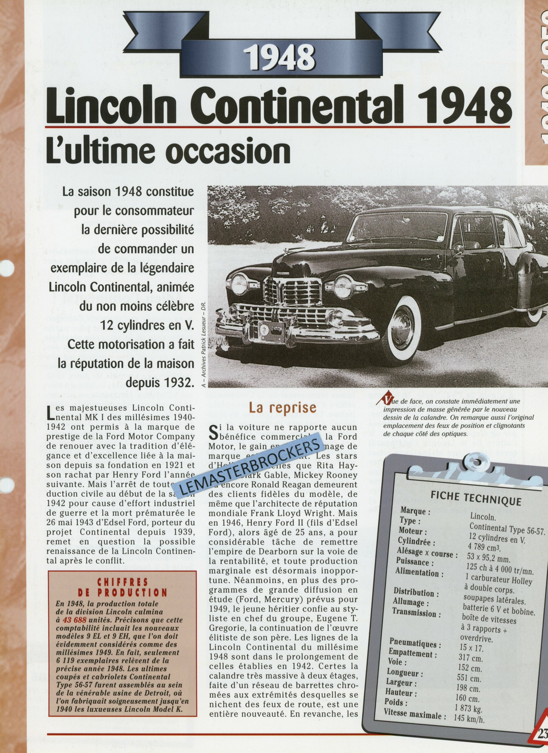 LINCOLN CONTINENTAL 1948 FICHE TECHNIQUE - FICHE AUTO - HACHETTE LITTÉRATURE AUTOMOBILE