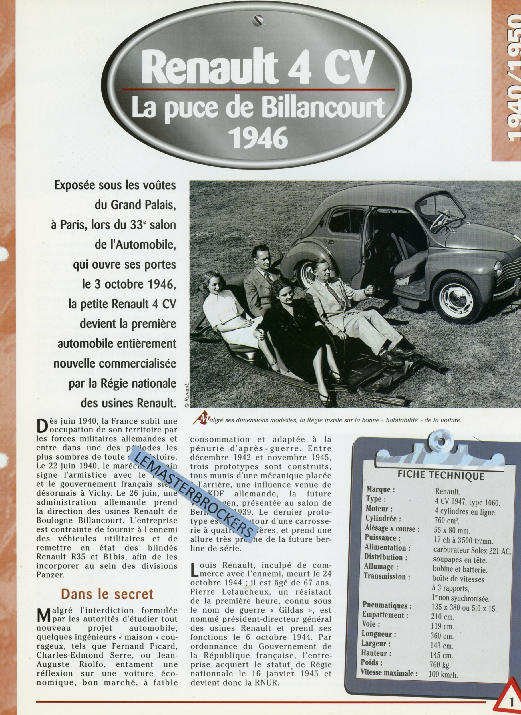 RENAULT-4CV-1946-1947-FICHE-TECHNIQUE-FICHE-AUTO-HACHETTE-LEMASTERBROCKERS