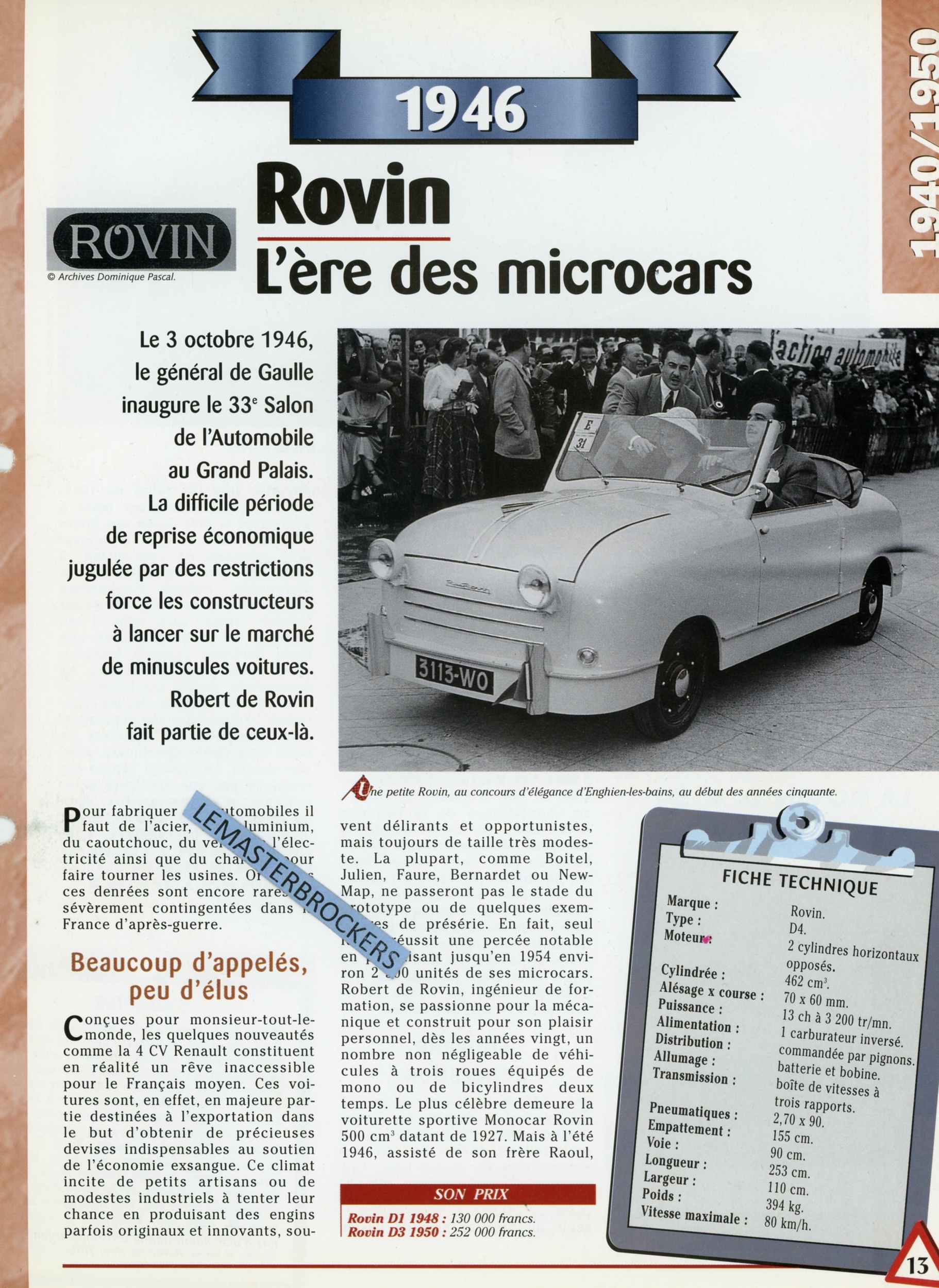 ROVIN D4 1946 - FICHE TECHNIQUE MICROCAR - FICHE AUTO - HACHETTE LITTÉRATURE AUTOMOBILE VOITURETTE