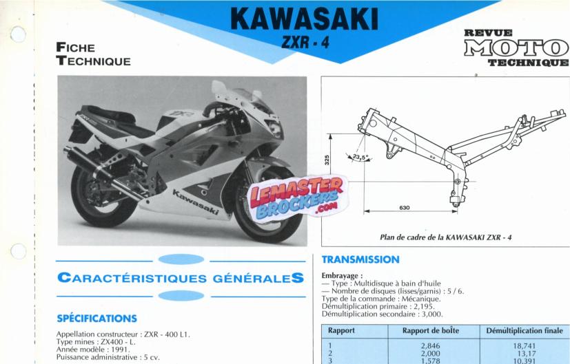 FICHE TECHNIQUE MOTO KAWASAKI ZXR 4 - ZXR400 - 400L1 - 1991