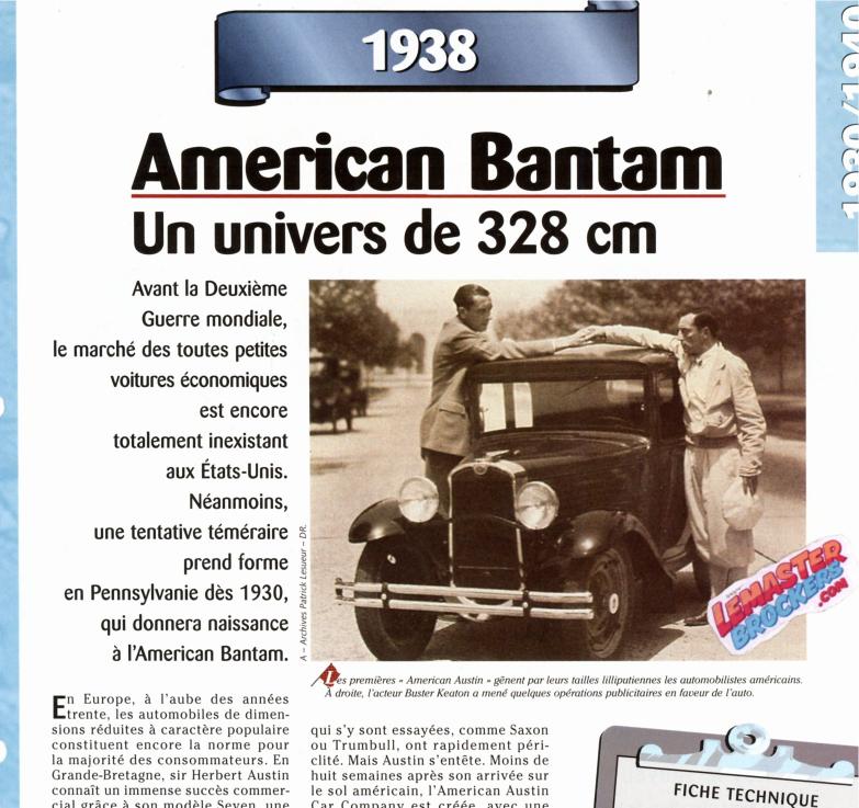 FICHE AUTOMOBILE AMERICAN BANTAM - 1938