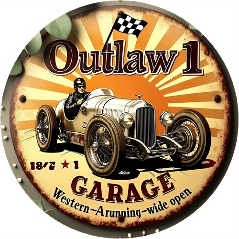 affiche-metallique-ronde-outlaw-garage-vintage-voiture-classique-20cm