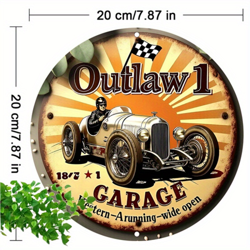 affiche-metallique-ronde-outlaw-garage-vintage-voiture-classique-20cm