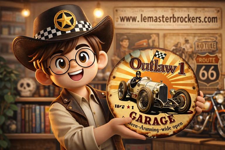 affiche-metallique-ronde-outlaw-garage-vintage-voiture-classique-20cm