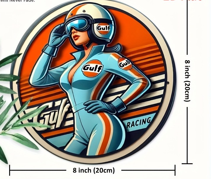 affiche-metallique-ronde-gulf-racing-woman-racer-vintage-20cm