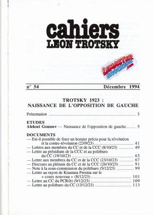 CAHIERS LÉON TROTSKY n-54 – TROTSKY 1923 : NAISSANCE DE L’OPPOSITION DE GAUCHE – 1994