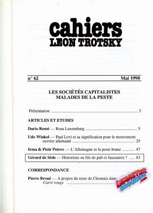CAHIERS LÉON TROTSKY n° 62 – LES SOCIÉTÉS CAPITALISTES MALADES DE LA PESTE – 1998