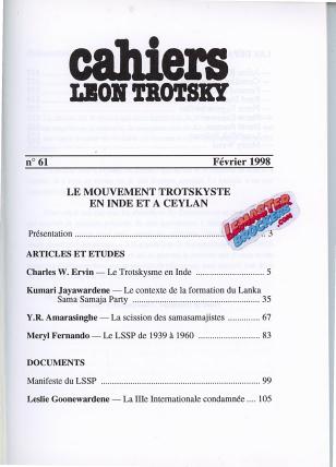CAHIERS LÉON TROTSKY n° 61 – LE MOUVEMENT TROTSKYSTE EN INDE ET À CEYLAN – 1998