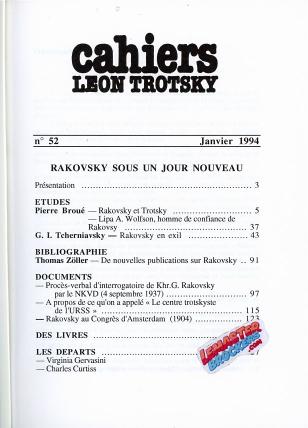 CAHIERS LÉON TROTSKY n° 52 – RAKOVSKY SOUS UN JOUR NOUVEAU – REVUE HISTORIQUE 1994