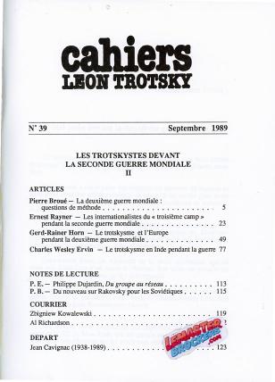 CAHIERS LÉON TROTSKY n° 39 – LES TROTSKYSTES DEVANT LA SECONDE GUERRE MONDIALE (II) – 1989