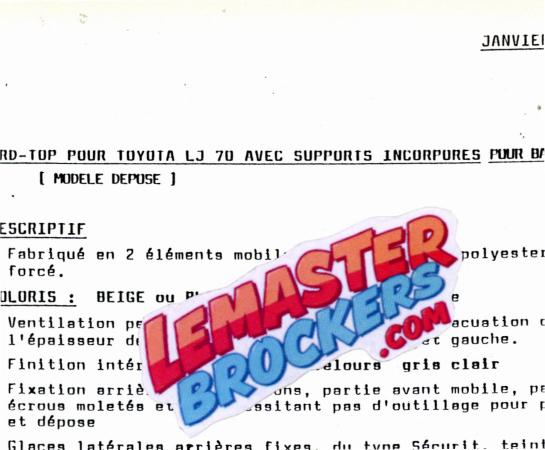 Brochure Publicité J Fleuret hardtop Toyota LJ70 1989 recto verso