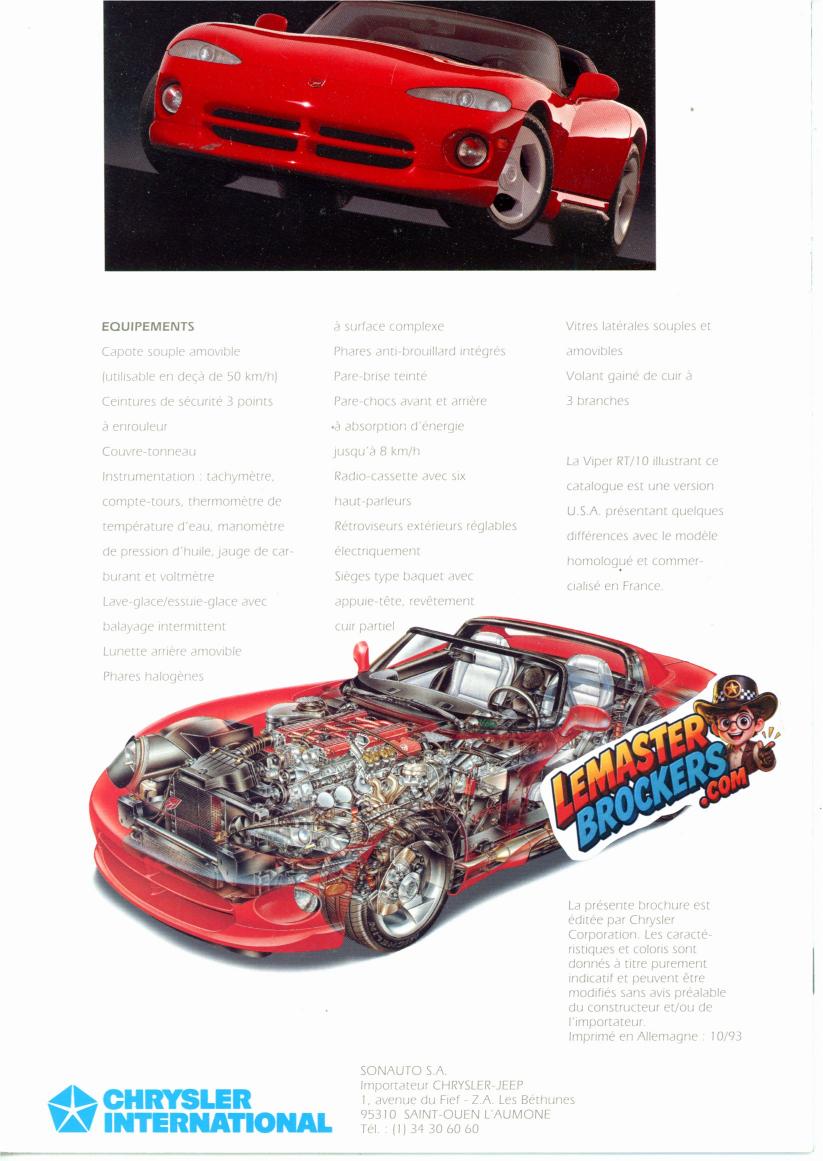 DODGE VIPER RT/10 BROCHURE CATALOGUE 1993