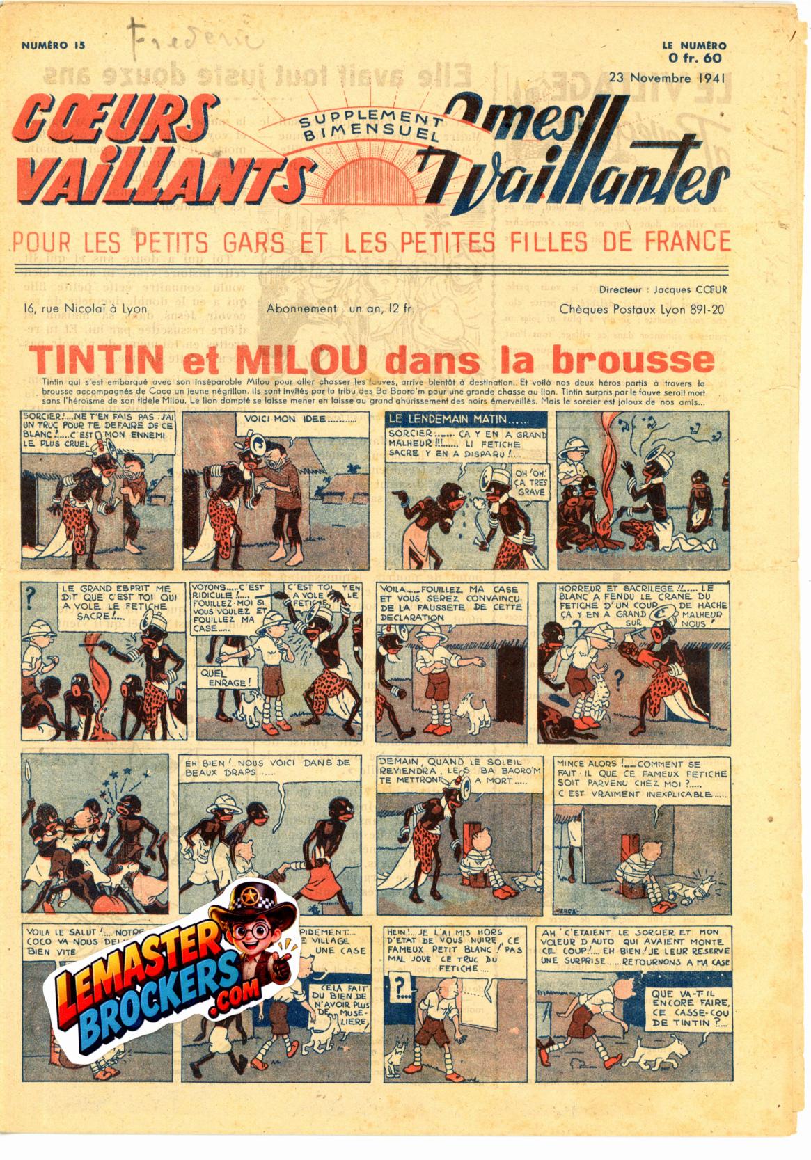 coeurs-vaillants-ames-vaillantes-numero-15-23-novembre-1941-tintin-milou-brousse-edition-rurale
