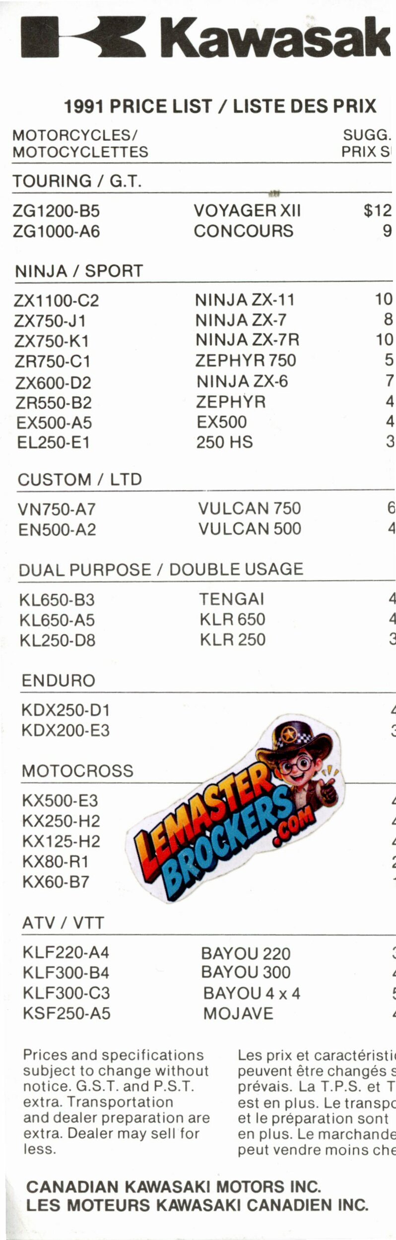 Liste des prix Kawasaki 1991 – Document canadien bilingue français anglais